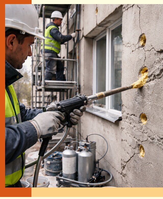 Заполнение пустот в фасаде и утепление стен в Котласе